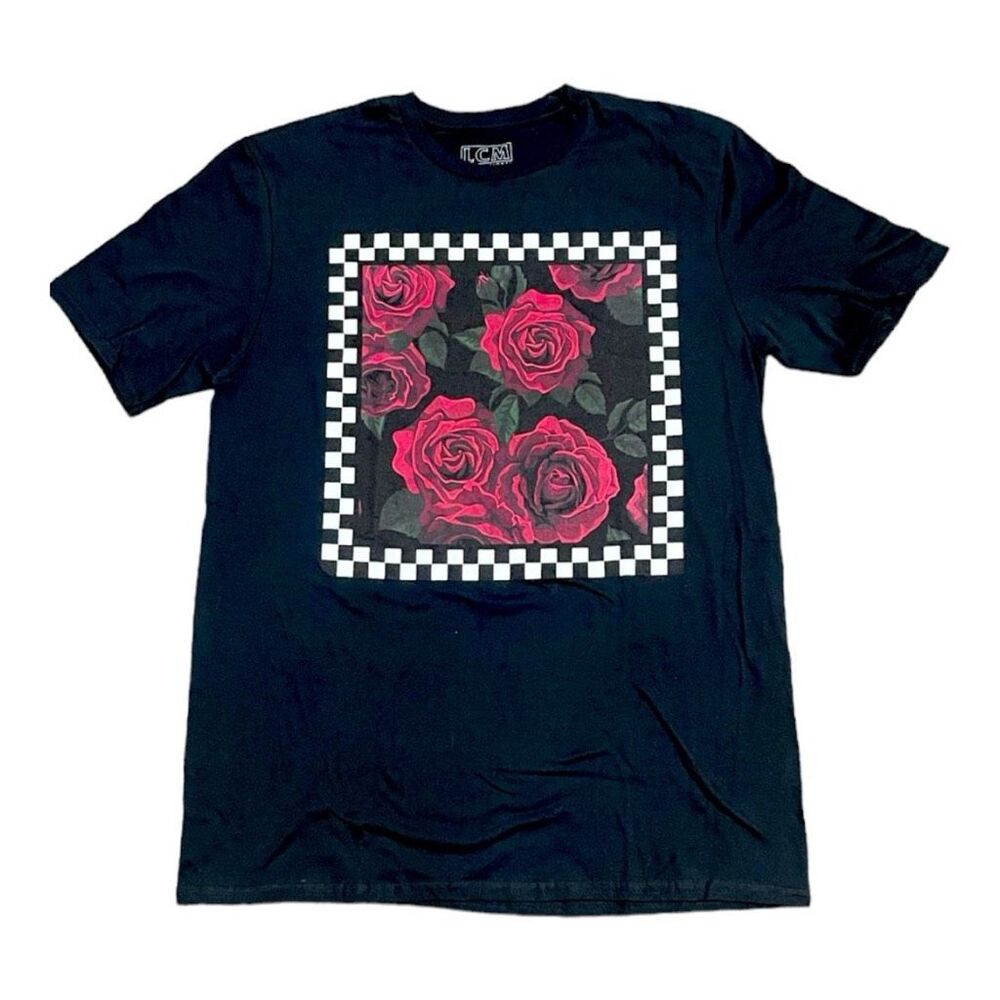 Mens LCM International Checkered Print Roses Graphic Tee Shirt - Sz M